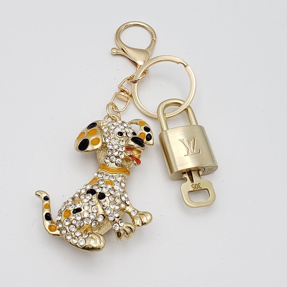 Authentic Louis Vuitton Gold Padlock & Key w/Unbranded Rhinestone Dog Keychain - Picture 6 of 9